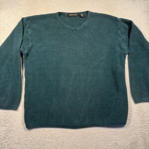 Vintage STRUCTURE Teal V-Neck Long Sleeve Knit Sweater XL Ramie Cotton Blend